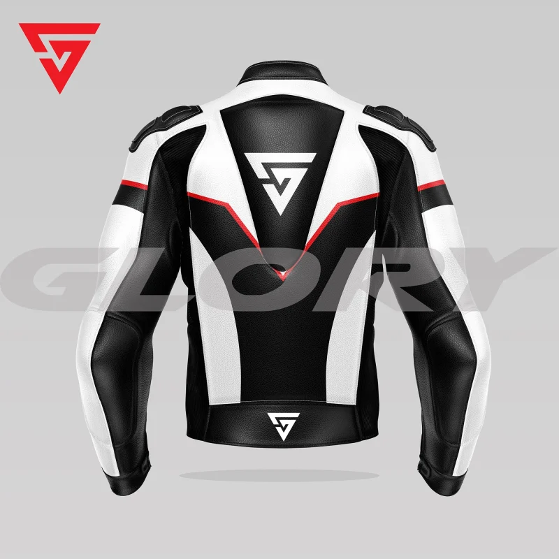 Glory Falcon Y1 Leather Motorcycle Jacket (White/Black/Red) Back 3D Glory Falcon Y1 Leather Motorcycle Jacket (White/Black/Red) Back 3D