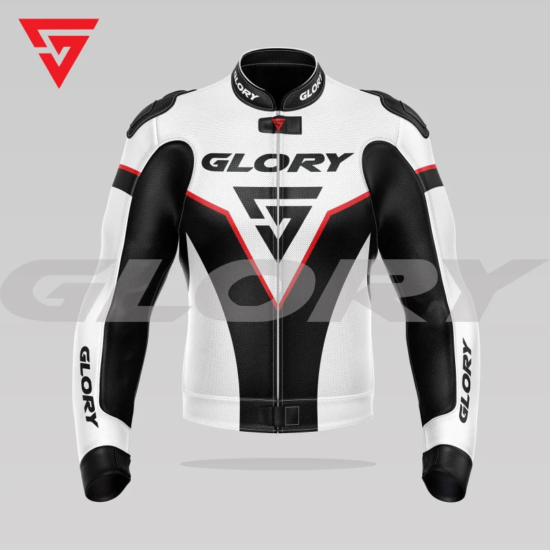 Glory Falcon Y1 Leather Motorcycle Jacket (White/Black/Red) Front 3D