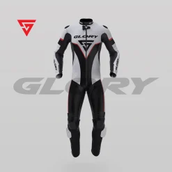 Glory Falcon Y1 Leather Motorcycle Suit (White/Black/Red) Front 3D