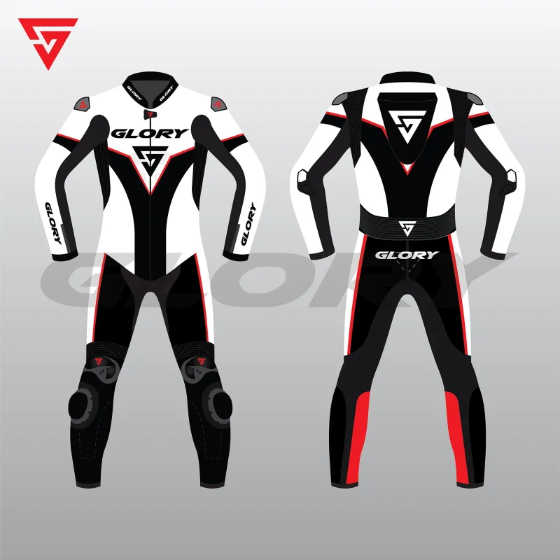 Glory Falcon Y1 Leather Motorcycle Suit (White/Black/Red) Front & Back 2D Glory Falcon Y1 Leather Motorcycle Suit (White/Black/Red) Front & Back 2D