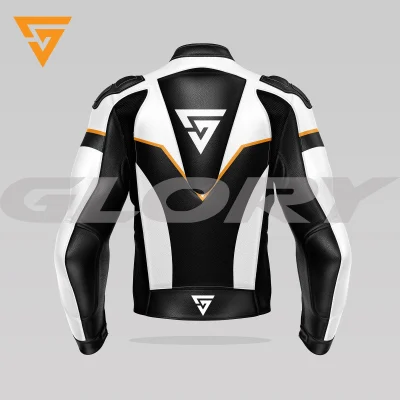 Glory Falcon Y2 Leather Motorcycle Jacket (White/Black/Yellow) Back 3D