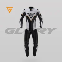 Glory Falcon Y2 Leather Motorcycle Suit (White/Black/Yellow) Front 3D