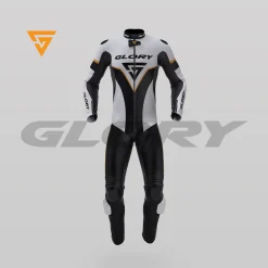 Glory Falcon Y2 Leather Motorcycle Suit (White/Black/Yellow) Front 3D