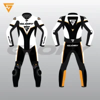 Glory Falcon Y2 Leather Motorcycle Suit (White/Black/Yellow) Front & Back 2D