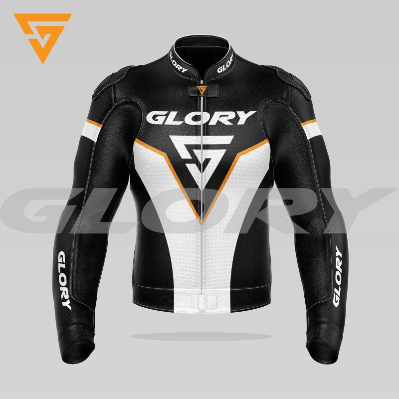 Glory Falcon Y3 Leather Motorcycle Jacket (Black/White/Yellow) Front 3D