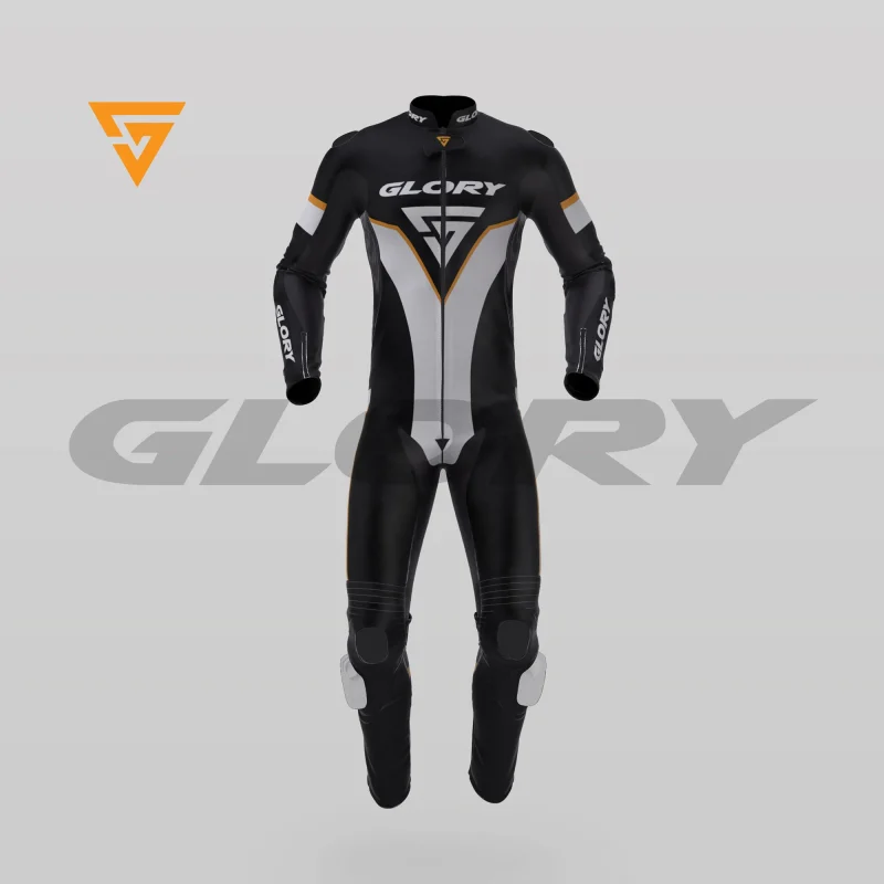 Glory Falcon Y3 Leather Motorcycle Suit (Black/White/Yellow) Front 3D