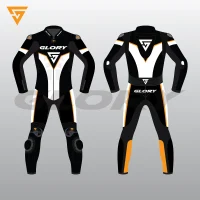 Glory Falcon Y3 Leather Motorcycle Suit (Black/White/Yellow) Front & Back 2D