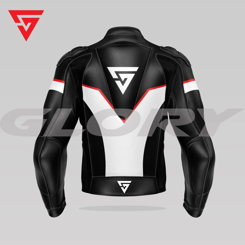 Glory Falcon Y4 Leather Motorcycle Jacket (Black/White/Red) Back 3D Glory Falcon Y4 Leather Motorcycle Jacket (Black/White/Red) Back 3D