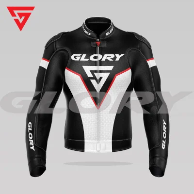 Glory Falcon Y4 Leather Motorcycle Jacket (Black/White/Red) Front 3D