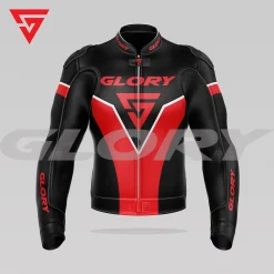 Glory Falcon Y5 Leather Motorcycle Jacket (Black/Red/White) Front 3D