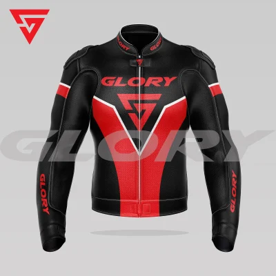 Glory Falcon Y5 Leather Motorcycle Jacket (Black/Red/White) Front 3D