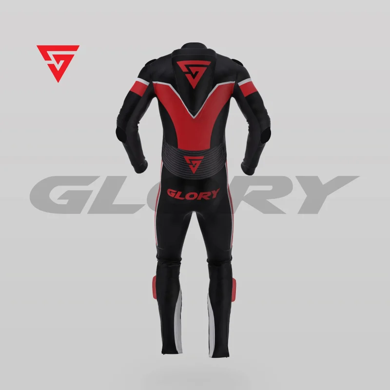Glory Falcon Y5 Leather Motorcycle Suit (Black/Red/White) Back 3D Glory Falcon Y5 Leather Motorcycle Suit (Black/Red/White) Back 3D