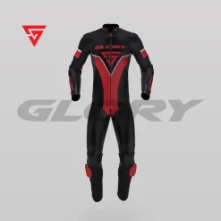 Glory Falcon Y5 Leather Motorcycle Suit (Black/Red/White) Front 3D