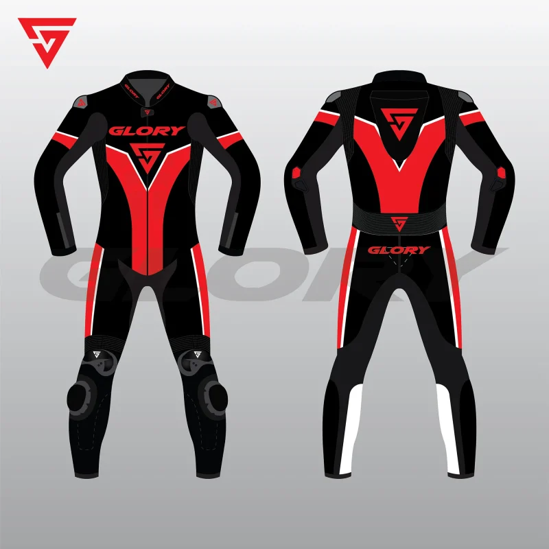 Glory Falcon Y5 Leather Motorcycle Suit (Black/Red/White) Front & Back 2D Glory Falcon Y5 Leather Motorcycle Suit (Black/Red/White) Front & Back 2D